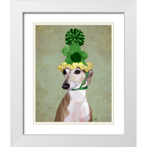 Greyhound in Green Knitted Hat White Modern Wood Framed Art Print with Double Matting by Fab Funky