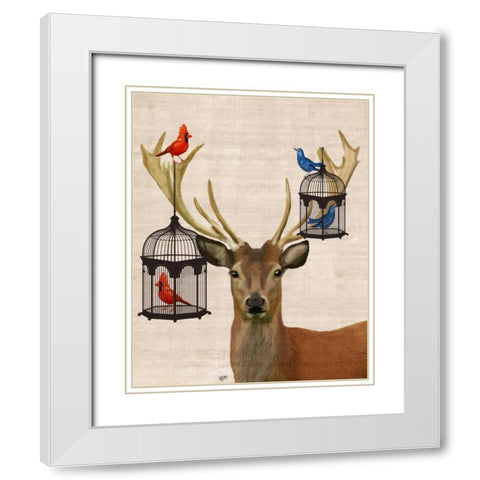 Deer And Bird Cages White Modern Wood Framed Art Print with Double Matting by Fab Funky