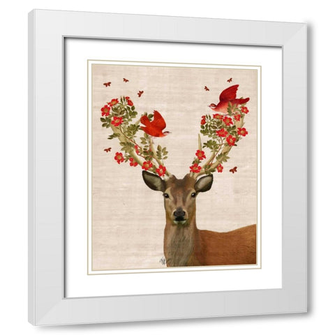 Deer and Love Birds White Modern Wood Framed Art Print with Double Matting by Fab Funky