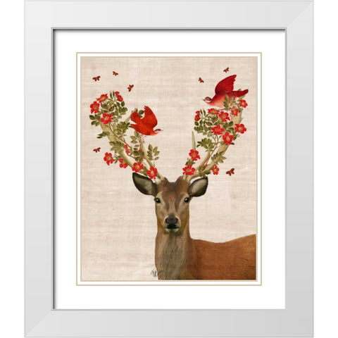 Deer and Love Birds White Modern Wood Framed Art Print with Double Matting by Fab Funky