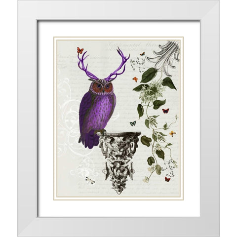 Purple Owl With Antlers White Modern Wood Framed Art Print with Double Matting by Fab Funky