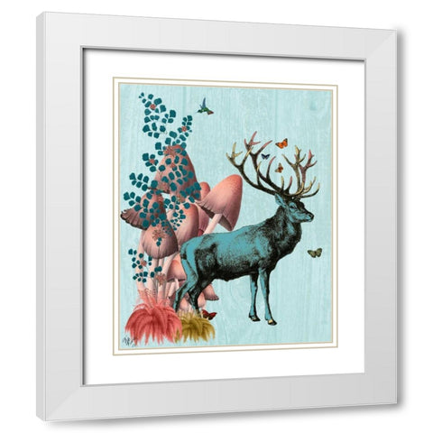 Turquoise Deer in Mushroom Forest White Modern Wood Framed Art Print with Double Matting by Fab Funky