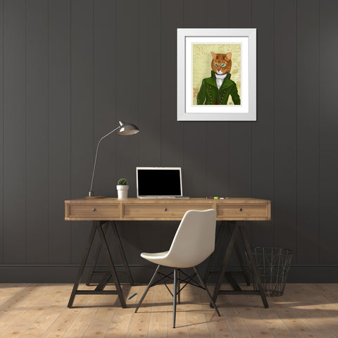 Ginger Cat in Green Coat White Modern Wood Framed Art Print with Double Matting by Fab Funky