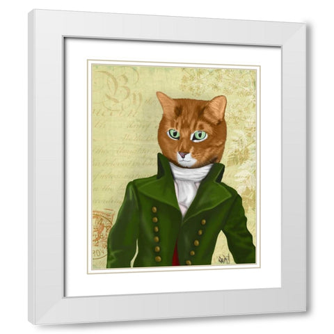 Ginger Cat in Green Coat White Modern Wood Framed Art Print with Double Matting by Fab Funky