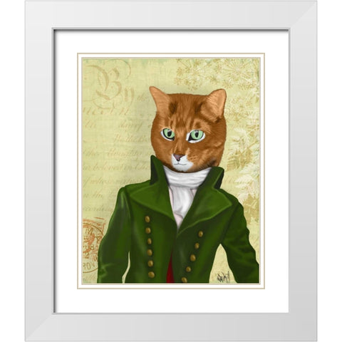 Ginger Cat in Green Coat White Modern Wood Framed Art Print with Double Matting by Fab Funky