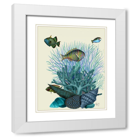Fish Blue Shells and Corals White Modern Wood Framed Art Print with Double Matting by Fab Funky