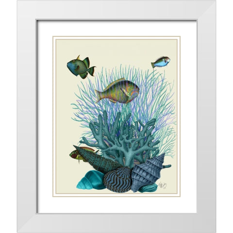 Fish Blue Shells and Corals White Modern Wood Framed Art Print with Double Matting by Fab Funky