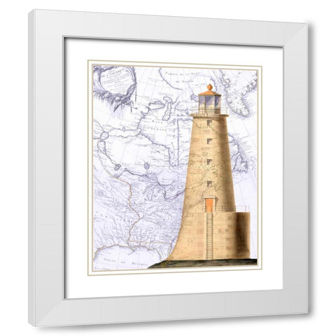 Lighthouse on Vintage Map Image White Modern Wood Framed Art Print with Double Matting by Fab Funky