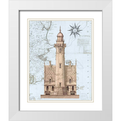 Lighthouse and House on Nautical Map White Modern Wood Framed Art Print with Double Matting by Fab Funky