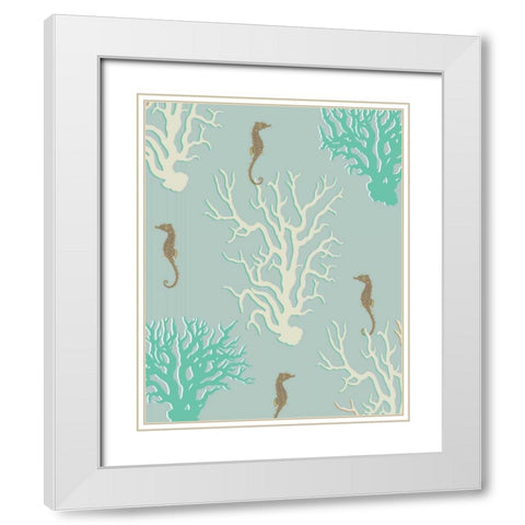 Coral and Seahorse in Seafoam White Modern Wood Framed Art Print with Double Matting by Fab Funky