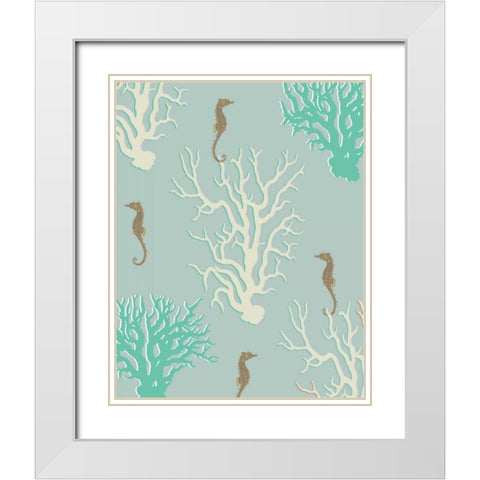 Coral and Seahorse in Seafoam White Modern Wood Framed Art Print with Double Matting by Fab Funky