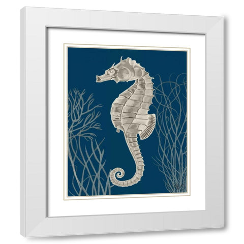 Silver Grey Seahorses on Blueb White Modern Wood Framed Art Print with Double Matting by Fab Funky
