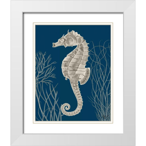 Silver Grey Seahorses on Blueb White Modern Wood Framed Art Print with Double Matting by Fab Funky