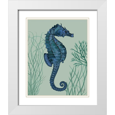 Blue Seahorses on Light Green Sage a White Modern Wood Framed Art Print with Double Matting by Fab Funky