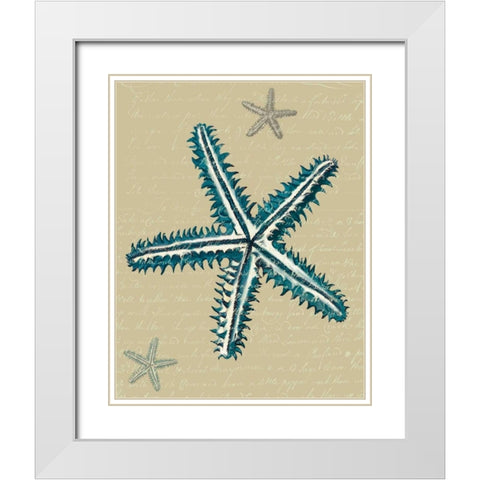 Blue Starfish on Taupe a White Modern Wood Framed Art Print with Double Matting by Fab Funky