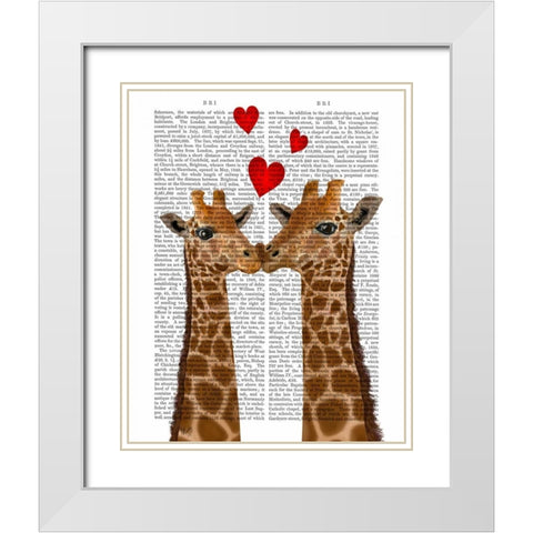 Giraffe Love White Modern Wood Framed Art Print with Double Matting by Fab Funky