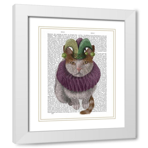 Cat, White with Jester Hat White Modern Wood Framed Art Print with Double Matting by Fab Funky