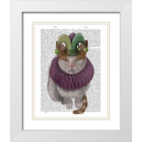 Cat, White with Jester Hat White Modern Wood Framed Art Print with Double Matting by Fab Funky