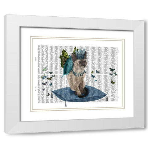 Cat on Pillow with Butterflies White Modern Wood Framed Art Print with Double Matting by Fab Funky