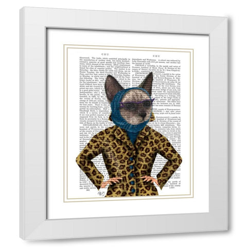 Cat with Leopard Jacket White Modern Wood Framed Art Print with Double Matting by Fab Funky
