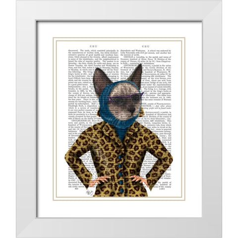 Cat with Leopard Jacket White Modern Wood Framed Art Print with Double Matting by Fab Funky
