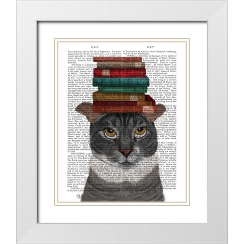 Grey Cat with Books on Head White Modern Wood Framed Art Print with Double Matting by Fab Funky