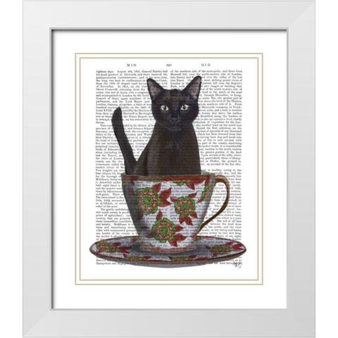Black Cat in Teacup White Modern Wood Framed Art Print with Double Matting by Fab Funky