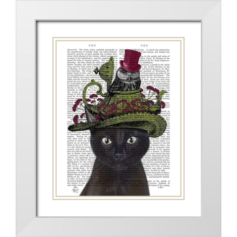 Black Cat with Teapot and Owl White Modern Wood Framed Art Print with Double Matting by Fab Funky
