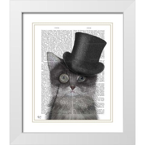 Cat, Grey with Top Hat White Modern Wood Framed Art Print with Double Matting by Fab Funky