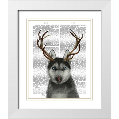 Husky and Antlers White Modern Wood Framed Art Print with Double Matting by Fab Funky
