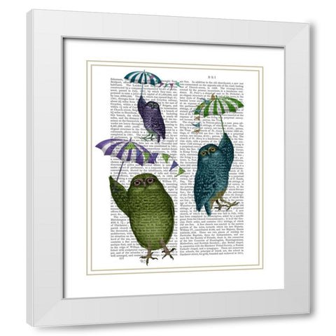 Owls with Umbrellas White Modern Wood Framed Art Print with Double Matting by Fab Funky