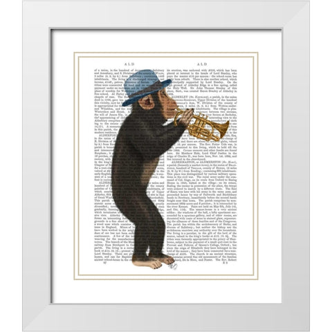 Monkey Playing Trumpet with Blue Hat White Modern Wood Framed Art Print with Double Matting by Fab Funky