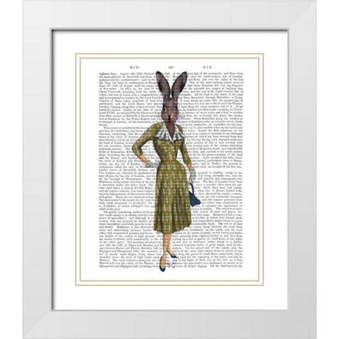 Rabbit In Mustard Dress White Modern Wood Framed Art Print with Double Matting by Fab Funky