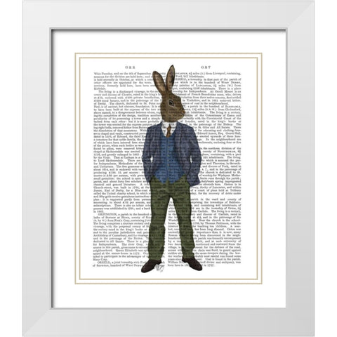 Rabbit in Blue Waistcoat White Modern Wood Framed Art Print with Double Matting by Fab Funky