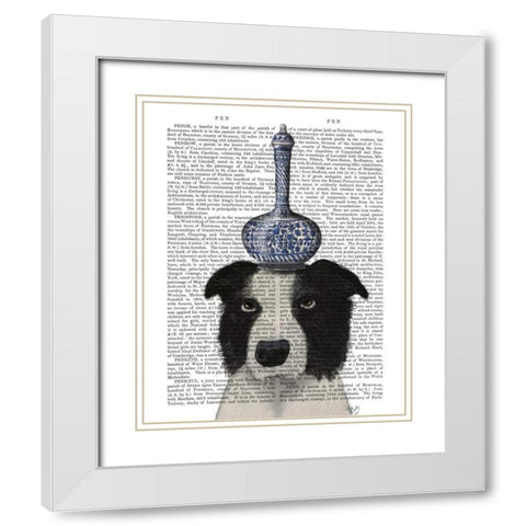 Border Collie with Blue Vase White Modern Wood Framed Art Print with Double Matting by Fab Funky