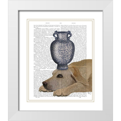 Labrador with Blue Vase White Modern Wood Framed Art Print with Double Matting by Fab Funky