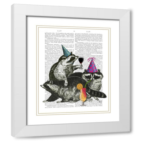 Raccoon Party White Modern Wood Framed Art Print with Double Matting by Fab Funky
