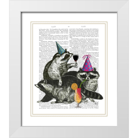 Raccoon Party White Modern Wood Framed Art Print with Double Matting by Fab Funky