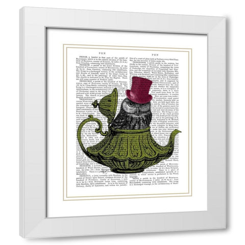 Owl In Teapot White Modern Wood Framed Art Print with Double Matting by Fab Funky