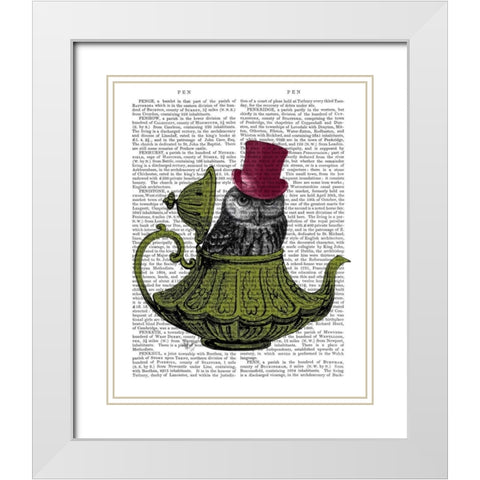 Owl In Teapot White Modern Wood Framed Art Print with Double Matting by Fab Funky