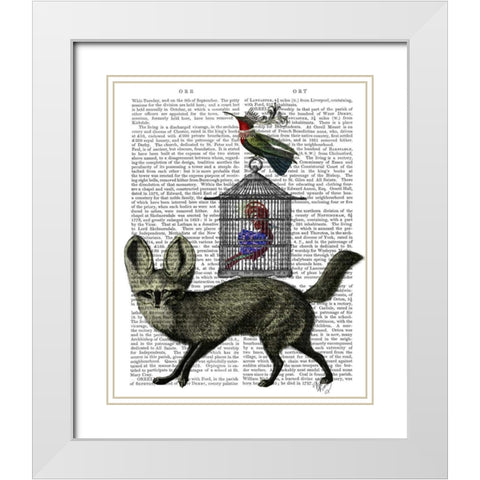 Fox With Birdcage White Modern Wood Framed Art Print with Double Matting by Fab Funky