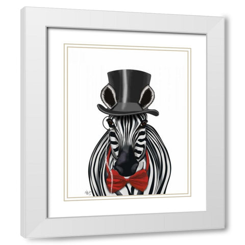 Zebra with Top Hat and Bow Tie 2, Forwards White Modern Wood Framed Art Print with Double Matting by Fab Funky