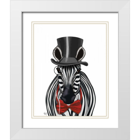 Zebra with Top Hat and Bow Tie 2, Forwards White Modern Wood Framed Art Print with Double Matting by Fab Funky