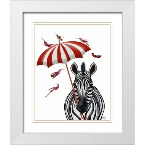 Zebra with Umbrella 2, Forward White Modern Wood Framed Art Print with Double Matting by Fab Funky