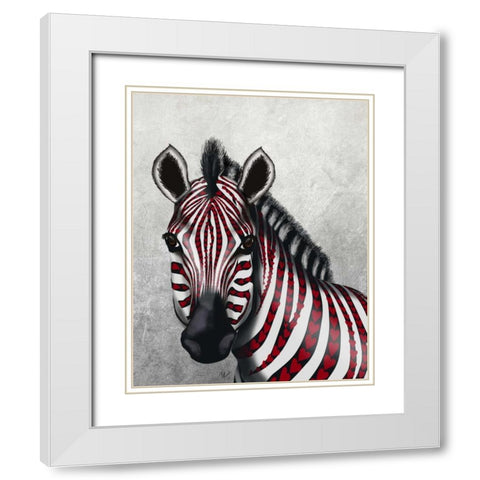 Zebra, Red Love Hearts White Modern Wood Framed Art Print with Double Matting by Fab Funky
