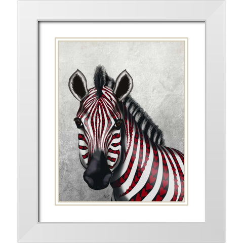 Zebra, Red Love Hearts White Modern Wood Framed Art Print with Double Matting by Fab Funky