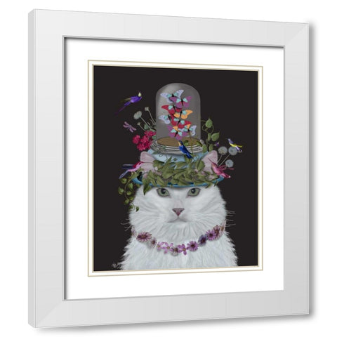 Cat, White with Butterfly bell jar, on black White Modern Wood Framed Art Print with Double Matting by Fab Funky