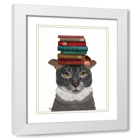 Grey Cat with Books on Head White Modern Wood Framed Art Print with Double Matting by Fab Funky