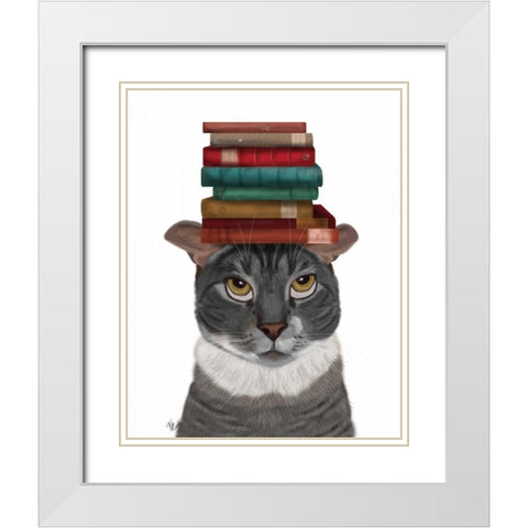 Grey Cat with Books on Head White Modern Wood Framed Art Print with Double Matting by Fab Funky