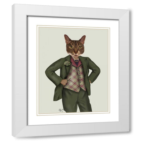 Cat in Tartan Waistcoat White Modern Wood Framed Art Print with Double Matting by Fab Funky